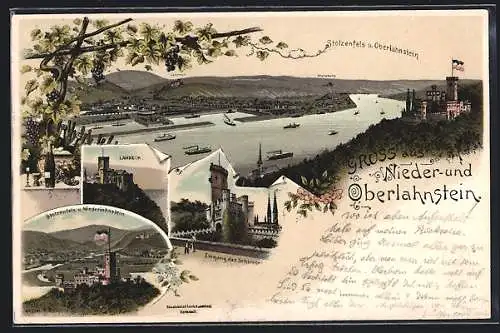 Lithographie Niederlahnstein, Lahneck, Stolzenfels, Einganz zum Schloss