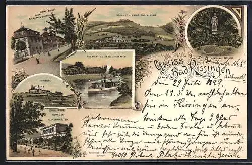 Lithographie Bad Kissingen, Fürst-Bismarck-Wohnung, Kurgarten und Ruine Trimburg