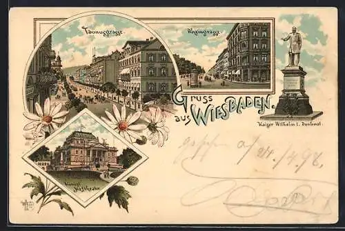 Lithographie Wiesbaden, Königliches Hoftheater, Taunusstrasse, Rheinstrasse