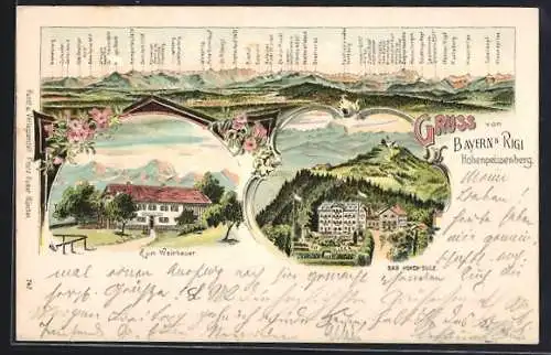 Lithographie Hohenpeissenberg, Bad Hohen-Sulz, Am hohen Peissenberg, Panorama mit Bischof u. Kreuzspitze