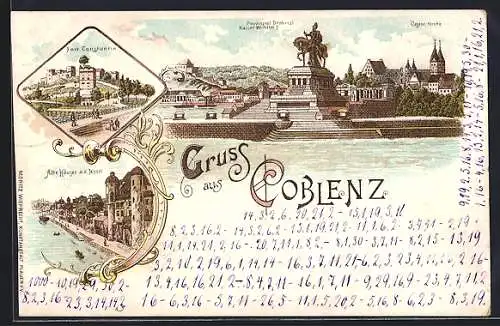 Lithographie Coblenz, Fort Constantin, Alte Häuser an der Mosel, Castor-Kirche und Provinzial-Denkmal Kaiser Wilhelm I.