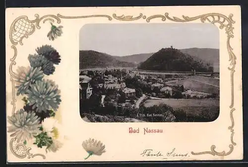 AK Bad Nassau, Teilansicht mit Strassenpartie, Crysanthemen, Passepartout