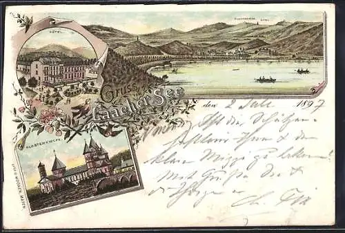Lithographie Maria Laach /Laacher See, Hotel, Klosterkirche, Panorama