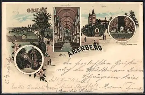 Lithographie Arenberg, Lourdesgrotte, Kirche Aussen- und Innenansicht, schlafende Jünger