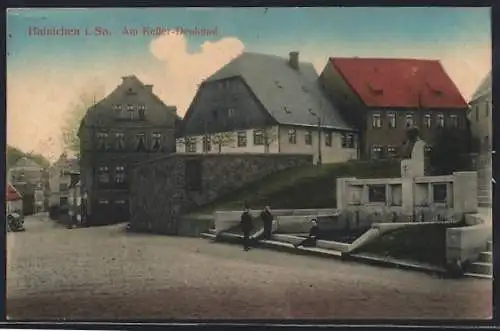 AK Hainichen i. Sa., Strassenpartie am Keller-Denkmal