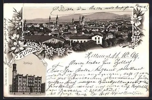 Lithographie Zittau, Rathaus bei Vollmond, Gesamtansicht