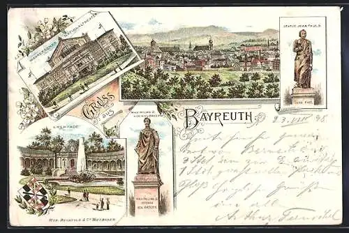 Lithographie Bayreuth, Wagnersches Nationaltheater, Eremitage, Ortsansicht