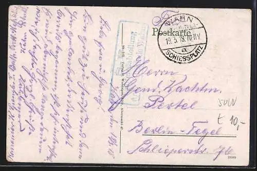 Passepartout-Lithographie Köln-Wahn, Ansichten von Post und Commandantur-Kantine auf Eichenblättern