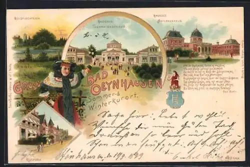 Lithographie Bad Oeynhausen, Grosses Thermalbadehaus, Gr. Soolbadehaus, Goldfischteich, Am Kurpark