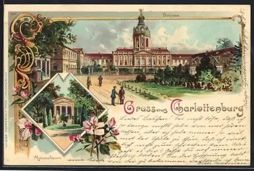 Lithographie Berlin-Charlottenburg, Blick zum Schloss, Mausoleum