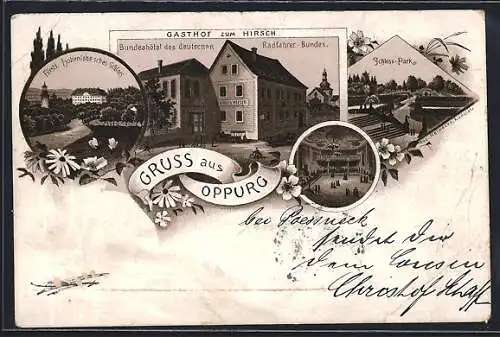 Lithographie Oppurg, Gasthof zum Hirsch, Bundeshotel des deutschen Radfahrer-Bundes, Inneres Saal