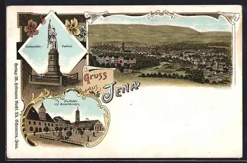Lithographie Jena, Teilansicht, Marktplatz mit Bismarckbrunnen, Burschenschafts-Denkmal