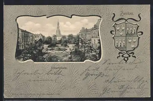 AK Zwickau, Albertplatz, Wappen, Passepartout