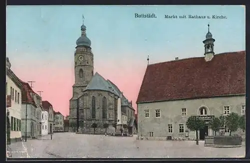 AK Buttstädt, Markt mit Rathaus u. Kirche im Abendrot