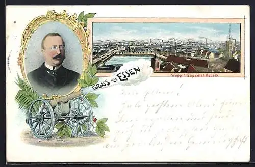 AK Essen, Krupp`s Gussstahlfabrik, Porträt Krupp, Kanone