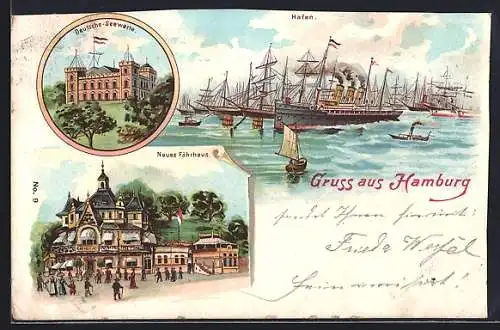 Lithographie Hamburg, Gasthaus Neues Fährhaus, Deutsche-Seewarte, Hafen