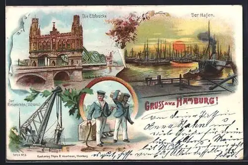 Lithographie Hamburg-Rothenburgsort, Elbe mit Elbbrücke, Hafen im Dämmerungslicht, Riesenkrahn