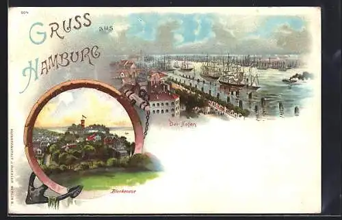 Lithographie Hamburg-Blankenese, Segelschiffe im Hafen, Blick auf die Siedlung am Berg