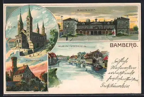 Lithographie Bamberg, Bahnhof, Dom, Altenburg, Klein-Venedig