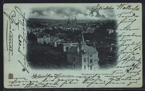 Mondschein-AK Wiesbaden, Blick über die Dächer