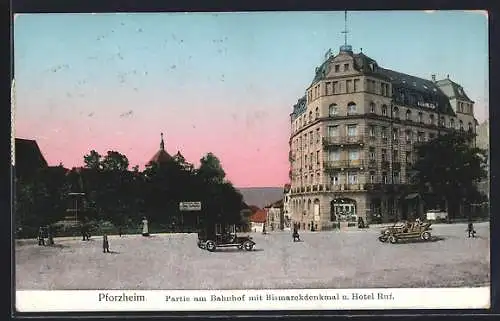 AK Pforzheim, Partie am Bahnhof mit Bismarckdenkmal u. Hotel Ruf
