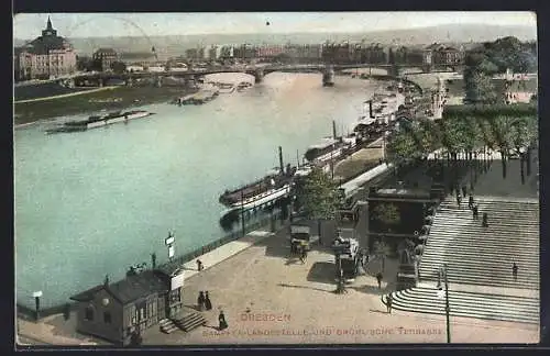 AK Dresden, Dampfer-Landestelle und Brühl`sche Terrasse