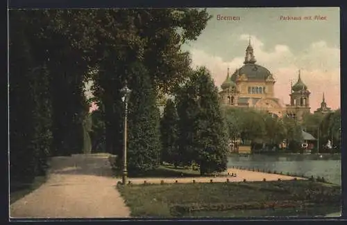 AK Bremen, Parkhaus mit Allee und Teichpartie