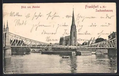 AK Frankfurt-Sachsenhausen, Blick vom Mainkai mit Brücke und Ruderboot