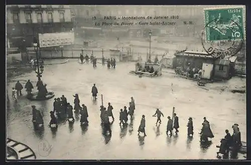 AK Paris, La Place du Havre, Gare Saint-Lazare lors des inondations de janvier 1910