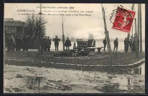AK Alfortville, Inondations janvier 1910, chevaux et artillerie à l`île Saint-Pierre