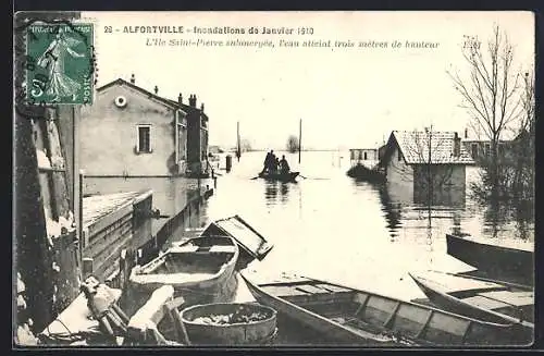 AK Alfortville, L`île Saint-Pierre submergée, l`eau atteint trois mètres de hauteur, janvier 1910