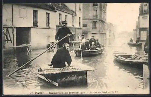 AK Paris, Inondation de janvier 1910, La rue de Javel et bateaux naviguant