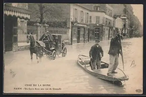 AK Paris, Crue de la Seine, Un fiacre dans une rue de Grenelle