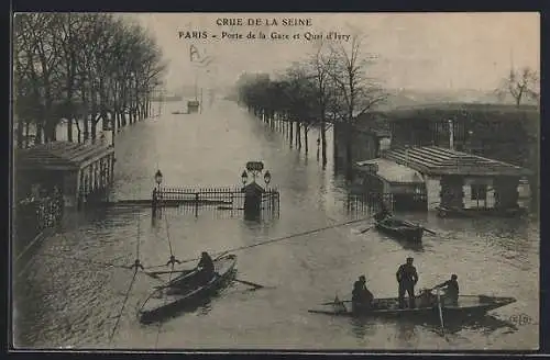 AK Paris, Crue de la Seine à la Porte de la Gare et Quai d`Ivry