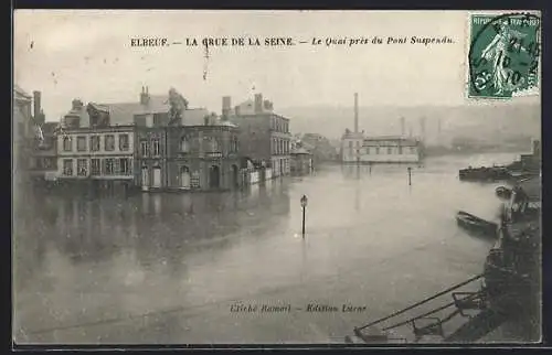 AK Elbeuf, La crue de la Seine, Le Quai près du Pont Suspendu