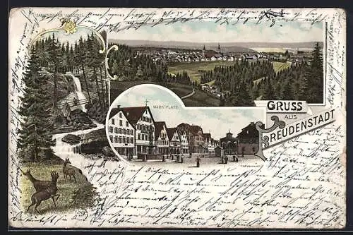 Lithographie Freudenstadt, Marktplatz, Wasserfall mit Rehen, Ortsansicht