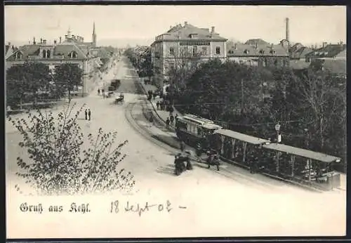 AK Kehl, Strassenpartie mit Strassenbahn u. Hotel Saumon aus der Vogelschau