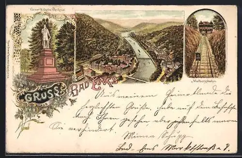 Lithographie Bad Ems, Malbergbahn, Kaiser Wilhelm-Denkmal, Ortsansicht mit Bergpanorama aus der Vogelschau
