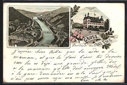 Lithographie Bad Ems, Gasthof Vier Thürme, Totalansicht aus der Vogelschau