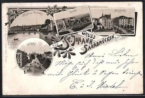 Lithographie St. Johann-Saarbrücken, Bahnhof mit Strasse, Neue Brücke, Alte Brücke und Winterberg
