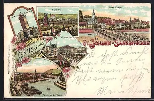 Lithographie St. Johann-Saarbrücken, Ehrenthal, Saarpartie, Neue Brücke, Teilansicht Saarbrücken