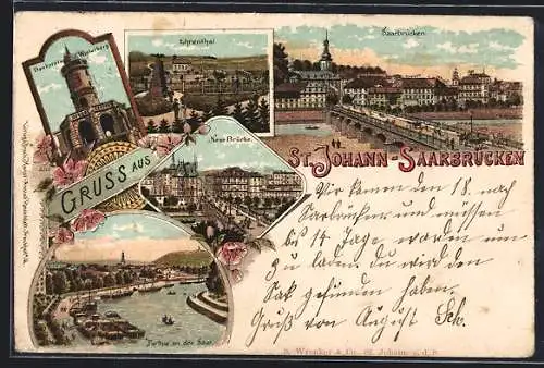 Lithographie St. Johann-Saarbrücken, Saarpartie, Ehrenthal, Denkmal a. d. Winterberg, Neue Brücke