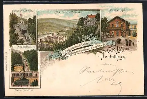 Lithographie Heidelberg, Bergbahn, Station Molkenkur, Gasthaus Molkenkur, Teilansicht