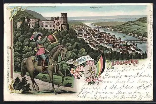 Lithographie Heidelberg, Totalansicht mit Trompeter zu Pferde, Wappen, Fahne