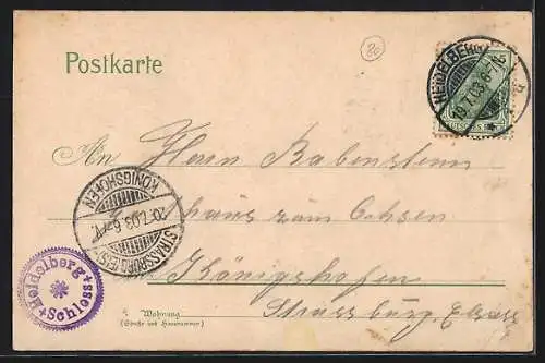 Lithographie Heidelberg, Totalansicht mit Trompeter zu Pferde, Wappen, Fahne