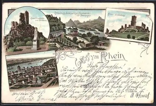 Lithographie Königswinter /Rh., Rolandseck mit Siebengebirge, Ruinen Godesberg u. Drachenfels m. Monument, Totalansicht