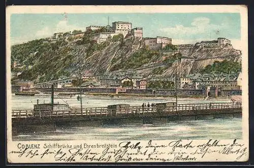 Lithographie Coblenz, Schiffbrücke und Ehrenbreitstein