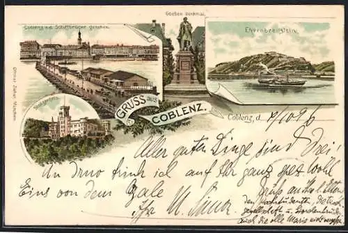 Lithographie Coblenz, Stolzenfels, Goeben-Denkmal, Panorama mit Schiffbrücke