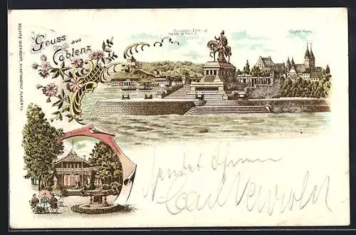 Lithographie Coblenz, Trinkhalle Rheinanlagen, Denkmal Wilhelm I. vom Wasser aus