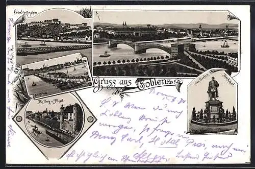 Lithographie Coblenz, Burg u. Mosel, Goeben-Denkmal, Schiffbrücke, Ortsansicht